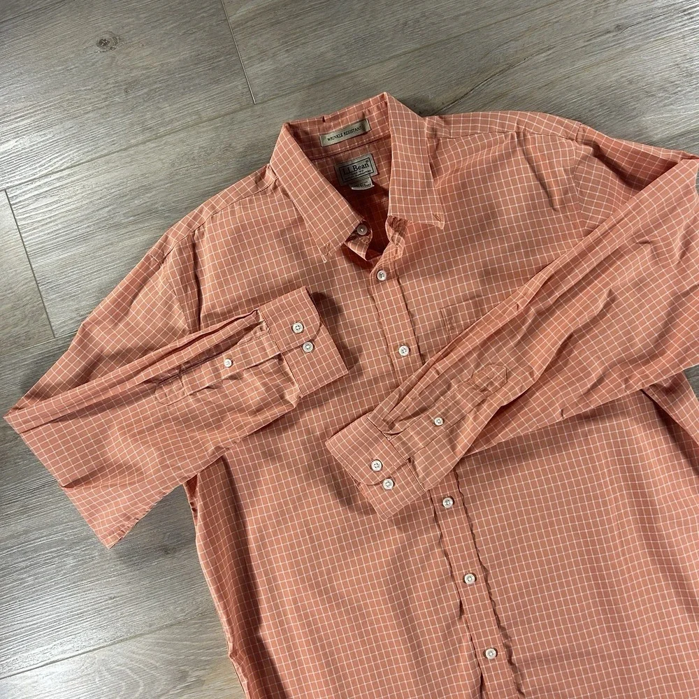 LL Bean Mens Large Orange Check Wrinkle Free Traditional‎ Fit Button Down